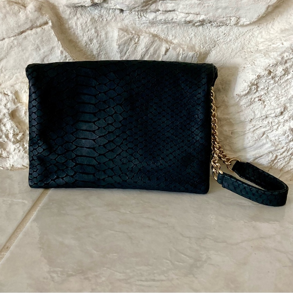 EUC Henri Bendel Black Sueded Snakeskin Embossed Leather Wristlet Clutch - Picture 7 of 14